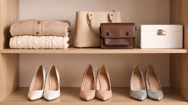 Elegant women fashion accessories organized on wooden closet shelves