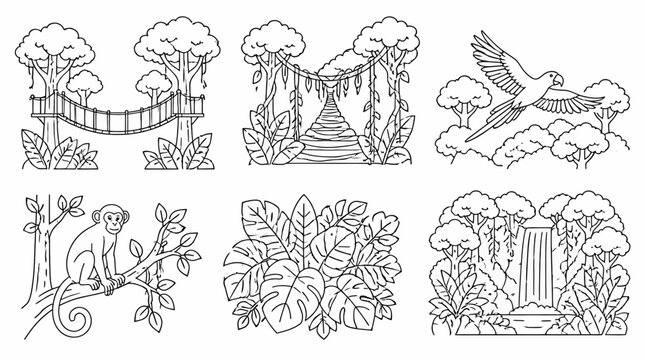 Jungle elements collection with animals and plants, line art set