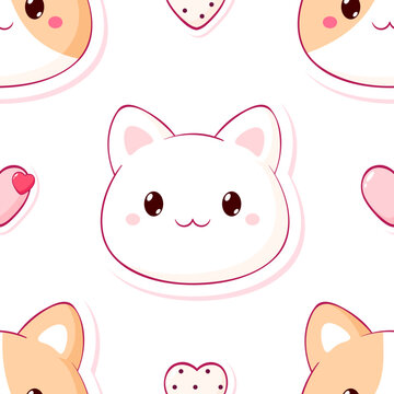 Vector seamless pattern (tiling) with cute cat. Sweet kitty themed cutecore cozy sticker. Endless texture can be used for pattern fills, t-shirt print, web page background, fabric design, scrapbooking