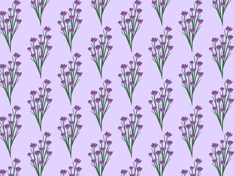 Purple floral pattern featuring stylized sprigs with green stems and small, clustered purple flowers, set against a light purple background. The pattern repeats uniformly, creating a seamless and symm