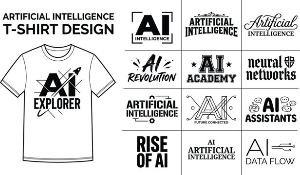 Artificial intelligence tshirt design collection with various AI themed logos and slogans on white background