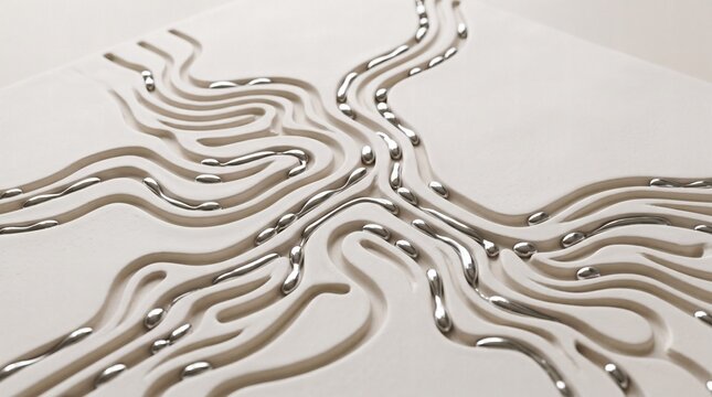 Close-up of a white surface with intricate wavy channels filled with shiny metallic liquid, resembling a fluidic circuit or abstract art.