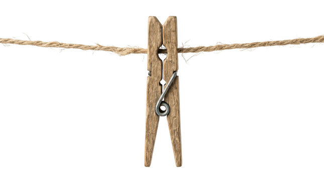 Vintage wooden clothespin on natural jute rope, rustic laundry peg hanging on clothesline, traditional wood clip for drying clothes isolated on Transparent Background