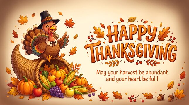 Happy Thanksgiving turkey in cornucopia with harvest fruits and autumn leaves during warm golden hour