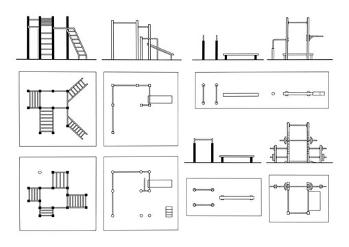 Architectural line art drawings of outdoor playground and fitness equipment, ideal for park design, sports facility planning