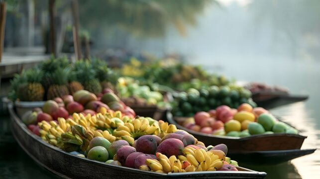 Colorful tropical fruits displayed on wooden boats floating along a calm waterway under soft morning light