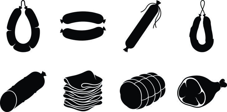 Sausage and Meat Products Black Silhouette Icon Set for Butcher Shop and Food Design