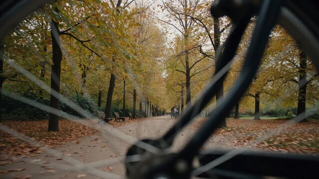 Bicycle ride in autumn park. POV cycling through golden fall trees on a scenic path in the city.