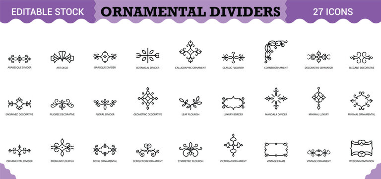 Ornamental dividers vector set containing decorative calligraphic linear borders and lines.