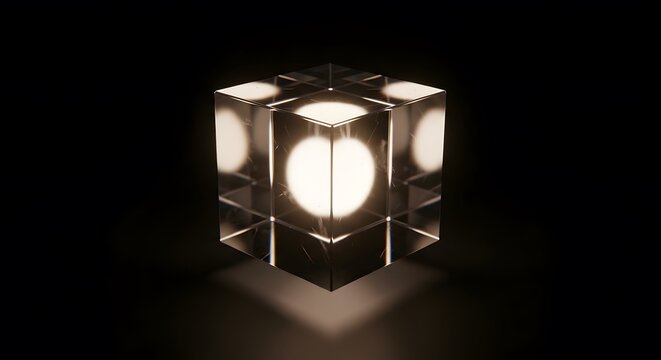 Glowing core light orb inside clear transparent glass cube frame