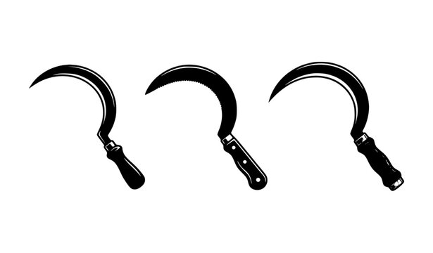 Sickle Farm Tool Silhouette Set, Black Harvesting Hand Tool Icons Isolated on White Background Vector