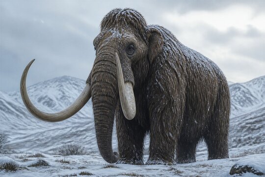 Woolly mammoth standing on snow covered tundra landscape
