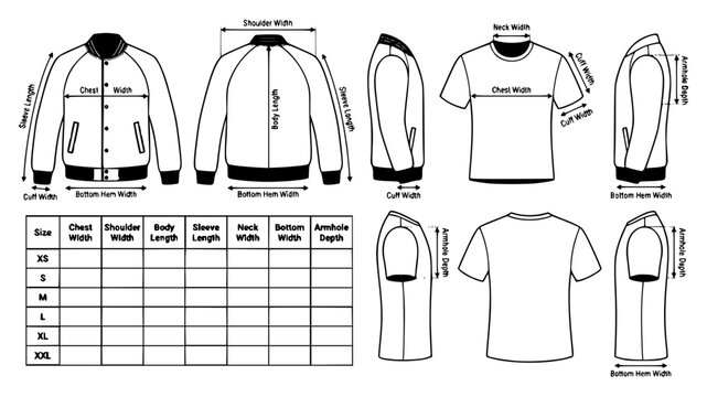Varsity Jacket and Jersey Clothing Size Chart Vector Illustration Template with Measurement Guide