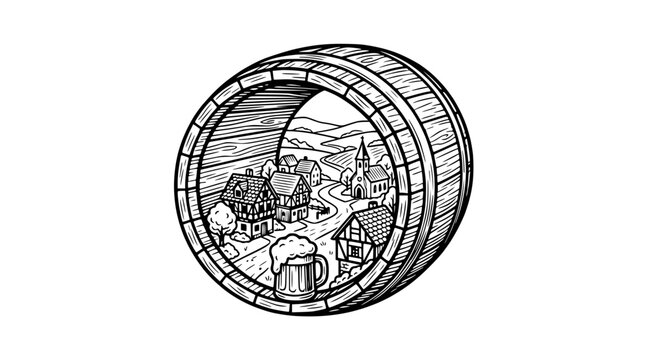 Wooden Barrel View of Charming Village with Beer Mug, Hand-Drawn Sketch
