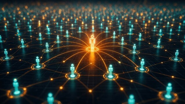 Digital network illustration of glowing human icons connected by lines representing leadership and social connectivity for business presentations
