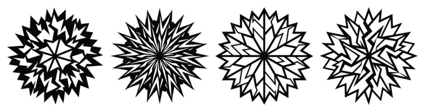 Abstract geometric starburst symbols in black, angular and radial designs for winter graphics