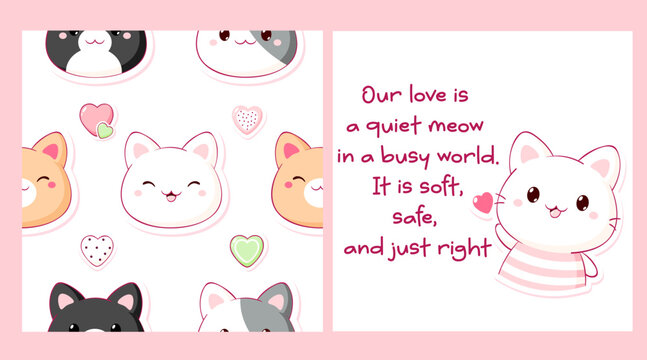 Vector set of seamless pattern and one print with cute cat and heart. Sweet kitty themed cozy repeating design. Endless texture can be used for pattern fills, t-shirt print, fabric, scrapbooking paper