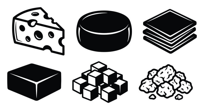 Black and white cheese icon set with wedge, wheel, block, slices, cubes, and crumbled forms for menu design, recipe content