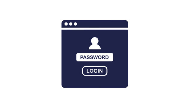 A dark blue graphic representing a login window with password and login buttons
