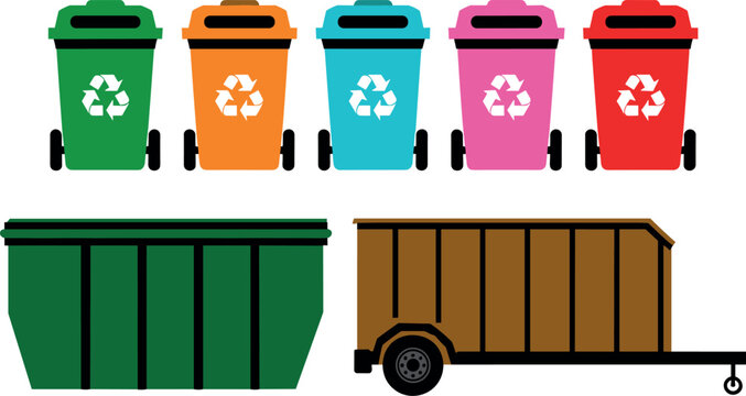 Waste management and recycling bin set with colorful wheelie bins industrial dumpster and trailer isolated vector illustration