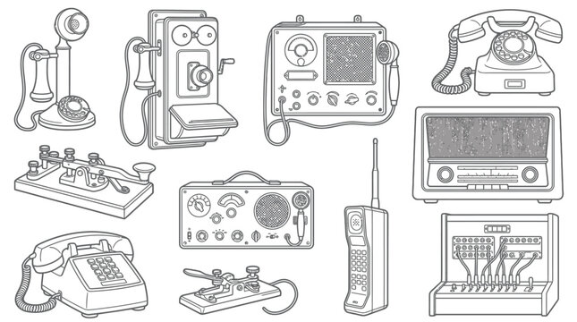 Collection of vintage communication devices including telephones, radios, and telegraph machines.