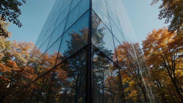 Modern glass building reflecting autumn forest. Architectural facade mirroring vibrant fall foliage.