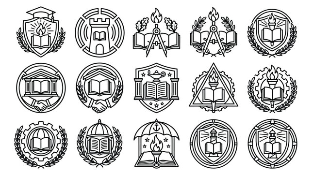 Collection of educational emblems and crests featuring books, graduation caps, and laurels.