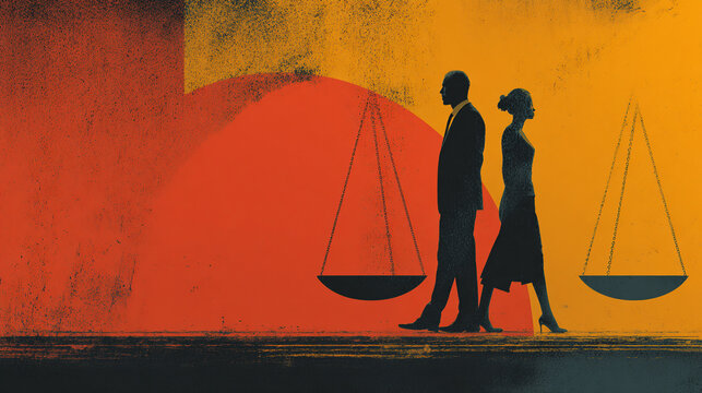 Silhouettes of a man and woman standing by scales of justice in a conceptual legal illustration