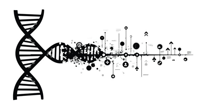 DNA helix structure transforms into a stream of digital symbols and binary data.