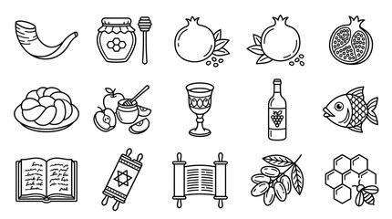 Collection of Rosh Hashanah symbols and icons in a linear outline style, representing Jewish traditions and holidays.