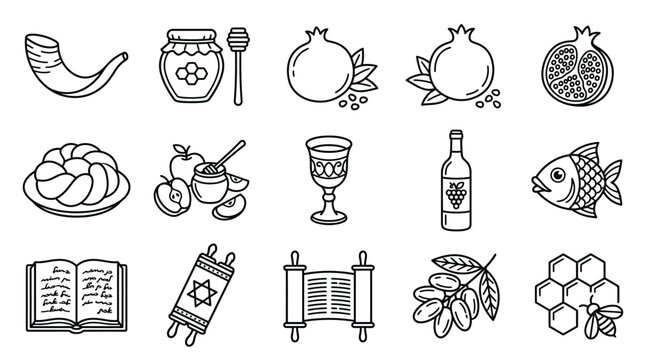 Collection of Rosh Hashanah symbols and icons in a linear outline style, representing Jewish traditions and holidays.