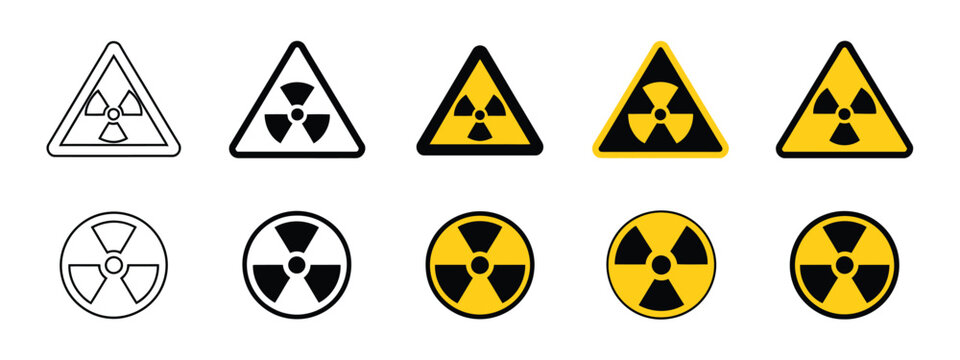 Radiation icon set, radioactive hazard symbols with warning signs, danger alerts