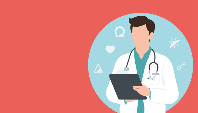 Illustration of a male doctor holding a tablet with medical icons in a blue circle on a red background, representing healthcare and digital medicine.