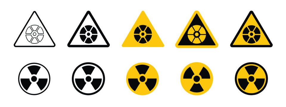 Radiation icon set, radioactive hazard symbols with warning signs, danger alerts