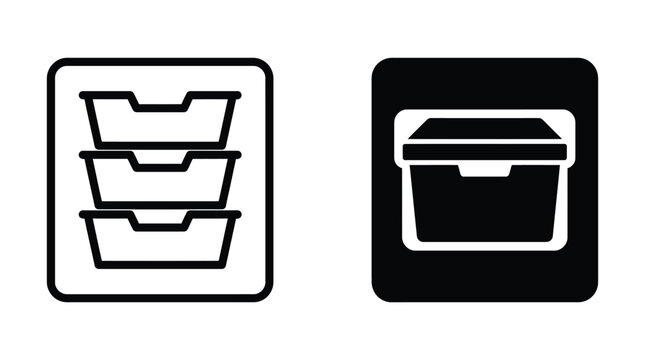 Document tray organizer icon set showing tiered paper storage and desktop filing system in both outlined and solid black graphic styles on a white background with organizer