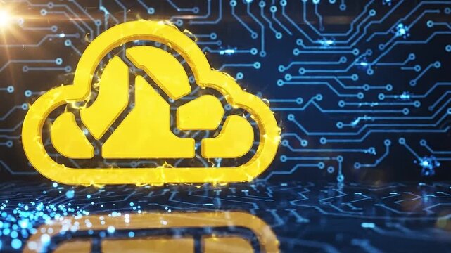 A vibrant yellow cloud icon with a circuit board background, symbolizing innovative cloud computing technology and data storage solutions with glowing blue lines and nodes.