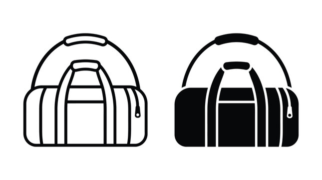 Duffle bag icon set for travel and gym gear with accessory equipment silhouette traveling vacation activity lifestyle container minimalist illustration sportswear
