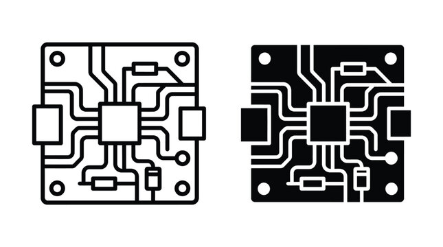 Electronic circuit board processor chip icon set with microchip processor electronics hardware component technology computer motherboard engineering microprocessor