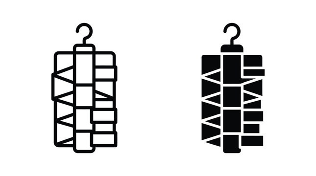Vertical hanging rack or organizer icon set with organizer vertical wardrobe minimalist silhouette structure furniture compartment pictogram isolated