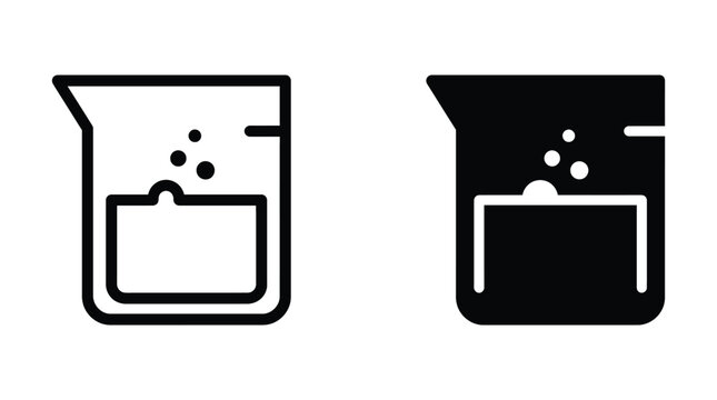 Laboratory beaker icon set with chemical reaction bubbles for science research and experimental glassware in outline and solid vector graphic style laboratory chemistry