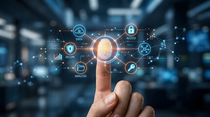 Fototapeta premium Fingerprint scan with glowing digital network and security icons in futuristic office background