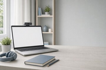 Fototapeta premium Clean home online class setup with blank laptop screen webcam headphones and copy space