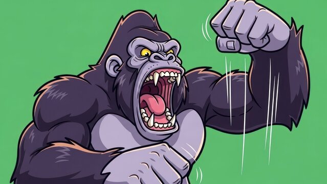 Furious gorilla roaring and pounding chest with purple fur and yellow eyes