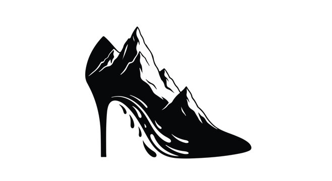 High heel shoe merges with mountain peaks to represent fashion and adventure.