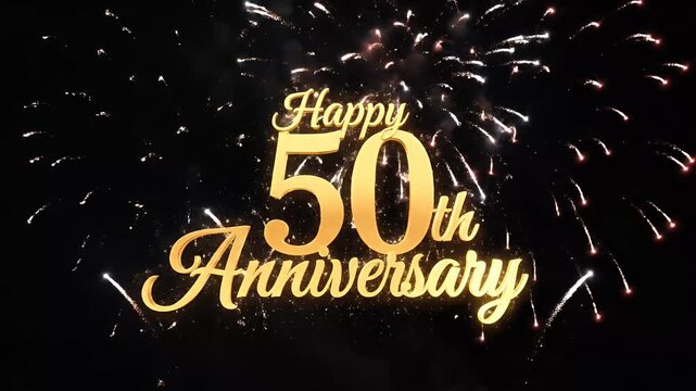 Golden happy 50th anniversary text with colorful fireworks celebration, festive, event, party, special occasion motion graphic loop
