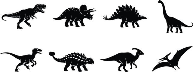 Dinosaur Silhouette Vector Bundle Featuring T‑Rex, Triceratops, Stegosaurus, Brachiosaurus, Velociraptor, Ankylosaurus, Parasaurolophus, and Pteranodon © MdAzijul