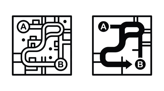 A to b pathfinding route navigation icon vector set with pathfinding navigation destination direction planning strategy movement infographic flowchart optimization