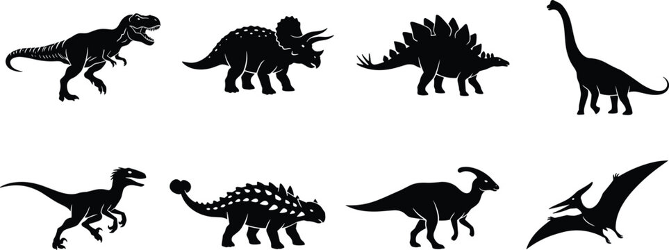 Dinosaur Silhouette Vector Bundle Featuring T‑Rex, Triceratops, Stegosaurus, Brachiosaurus, Velociraptor, Ankylosaurus, Parasaurolophus, and Pteranodon