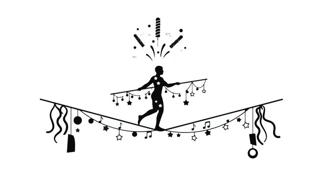 Tightrope walker balances on a wire while carrying various decorative objects.
