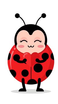 Cute smiling ladybug cartoon character with blush cheeks and antennae, animation element, children's illustration, happy insect icon